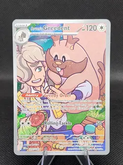 Pokemon TCG Arven's Greedent Holo Card 205/182 Sv10: Destined Rivals NM - Image 1