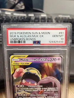 2019 POKEMON SUN & MOON Unbroken Bonds MUK & ALOLAN MUK GX #61 PSA 10 - Image 2