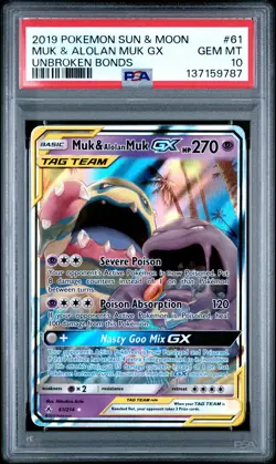 2019 POKEMON SUN & MOON UNBROKEN BONDS #61 MUK & ALOLAN MUK GX PSA 10 - Image 1