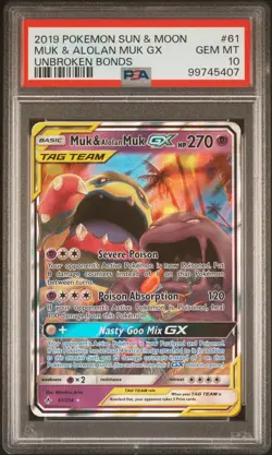 2019 POKEMON SUN & MOON UNBROKEN BONDS #61 MUK & ALOLAN MUK GX PSA 10 - Image 1