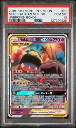 2019 POKEMON SUN & MOON UNBROKEN BONDS #61 MUK & ALOLAN MUK GX PSA 10 - Image 1
