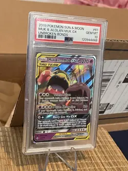 2019 POKEMON SUN & MOON UNBROKEN BONDS #61 MUK & ALOLAN MUK Tag Team GX PSA 10 - Image 1
