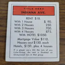 Replacement Indiana Ave Title Deed Card Regular Basic Monopoly b - Image 1