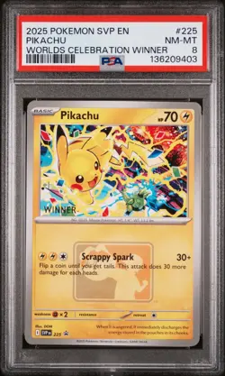 2025 POKEMON SVP PROMO WORLDS CELEBRATION TOURNAMENT WINNER #225 PIKACHU PSA 8 - Image 1