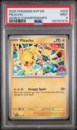 2025 POKEMON SVP EN-SV BLACK STAR PROMO WORLD CHAMPIONSHIPS #225 PIKACHU PSA 9 - Image 1