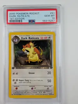 2000 Pokemon Dark Raticate 51/82 Team Rocket 1st Edition PSA 10 - Image 1