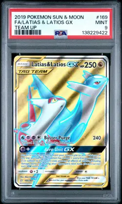 2019 POKEMON SUN & MOON TEAM UP #169 FULL ART/LATIAS & LATIOS GX PSA 9 - Image 1
