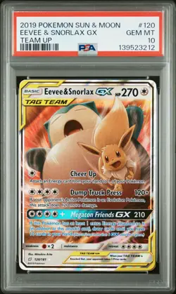 2019 POKEMON SUN & MOON TEAM UP #120 EEVEE & SNORLAX GX PSA 10 - Image 1