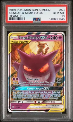 2019 POKEMON SUN & MOON TEAM UP #53 GENGAR & MIMIKYU GX PSA 10 - Image 1