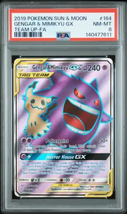 2019 POKEMON SUN & MOON TEAM UP #164 FULL ART/GENGAR & MIMIKYU GX PSA 8 - Image 1