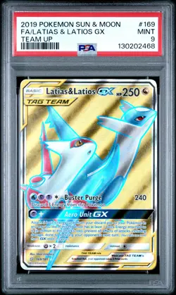 2019 POKEMON SUN & MOON TEAM UP #169 FULL ART/LATIAS & LATIOS GX PSA 9 - Image 1