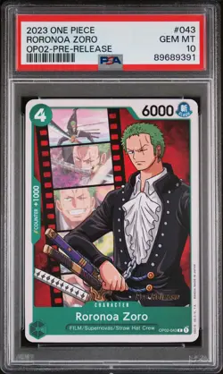 PSA 10 Roronoa Zoro OP02-043 One Piece Paramount War Pre-Release One Piece - Image 1