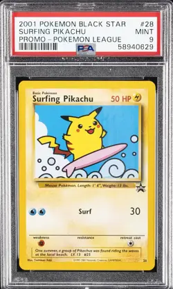 2001 POKEMON PROMO BLACK STAR POKEMON LEAGUE #28 SURFING PIKACHU PSA 9 - Image 1