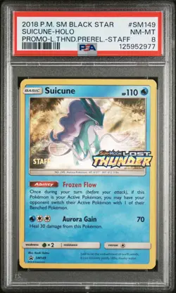 2018 POKEMON SM LOST THUNDER SUICUNE #SM149 PRERELEASE STAFF PROMO PSA 8 - Image 1