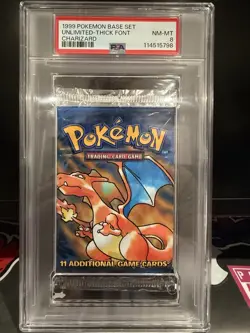 1999 POKEMON BASE SET PACK UNLIMITED-THICK FONT-CHARIZARD FOIL PSA 8 - Image 1