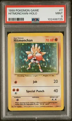 1999 POKEMON BASE SET #7 HITMONCHAN HOLO PSA 9 MINT - Image 1