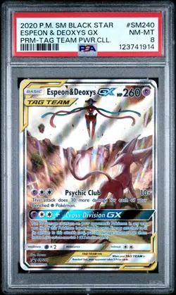 PSA 8 NEAR MINT Espeon & Deoxys GX TAG TEAM Promo #SM240 Pokemon Card (2020) - Image 1