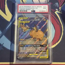 2019 Pokemon S&M Unified Minds Raichu/Alolan Raichu Gx 221/236 Full Art PSA 9 B - Image 1