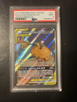 2019 Pokemon S&M Unified Minds Raichu/Alolan Raichu Gx 221/236 Full Art PSA 9 B - Image 1