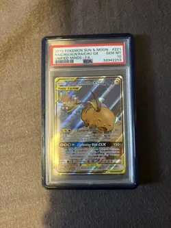 Pokemon TCG Raichu & Alolan Raichu Tag Team GX Unified Minds 221/236 PSA 10 - Image 1