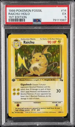 1999 POKEMON FOSSIL 1ST ED #14 RAICHU-HOLO PSA 5 - Image 1