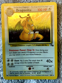 Pokemon Fossil Unlimited Dragonite Holo 4/62 LP/MP Edge Wear See Pics & Vid - Image 3