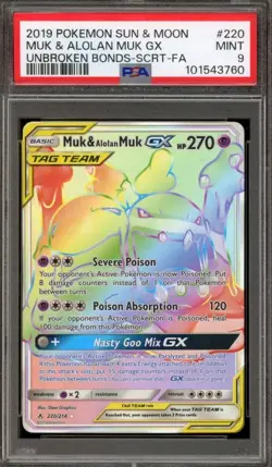 Pokemon Muk & Alolan Muk GX Unbroken Bonds Secret Rare Full Art #220 PSA 9 Mint - Image 1