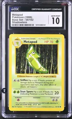 CGC 10 GEM MINT Metapod 1999 Base Set Shadowless 54/102 Pokemon - Image 1