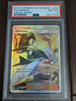 2019 Pokemon Unified Minds Grimsley Full Art Trainer #234 - PSA 8 NM-MT - Image 1