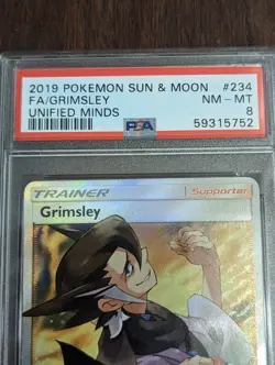 2019 Pokemon Unified Minds Grimsley Full Art Trainer #234 - PSA 8 NM-MT - Image 3