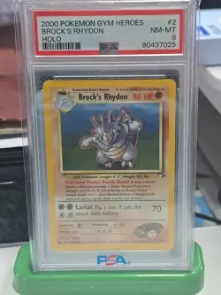 Pokemon 2000 Gym Heroes Brock S Rhydon Holo Rare Card #2/132 PSA 8 - Image 1