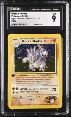 CGC 9 Brock's Rhydon 2/132 Gym Heroes 1st Edition Holo Rare Pokemon Card SWIRL - Image 1