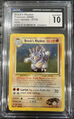 CGC 10 GEM MINT Brock's Rhydon Gym Heroes 2/132 Holo Rare Pokemon Card psa - Image 1