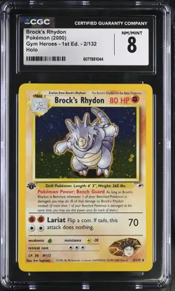 CGC 8 Brock's Rhydon Gym Heroes 1st Edition 2/132 Holo Pokemon Card - Image 1