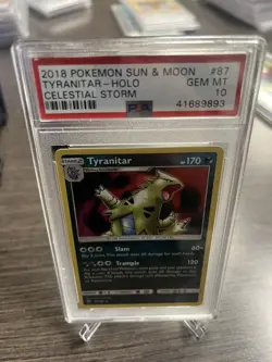 Pokemon Sun and Moon 2018 Tyranitar Holo Celestial Storm #87 PSA 10 - Image 2