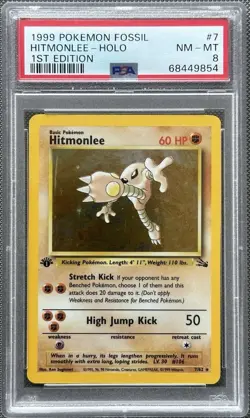 1999 Pokemon Fossil 1st Edition Hitmonlee Holo 7/62 PSA 8 Graded - Case Scratch - Image 1