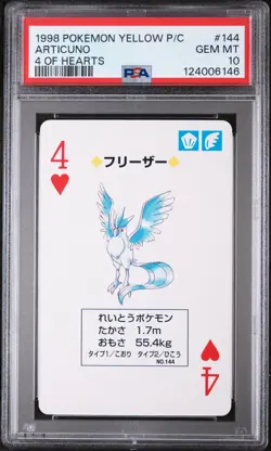 1998 POKEMON YELLOW VERSION PLAYING CARDS 4 OF HEARTS #144 ARTICUNO PSA 10 - Image 1