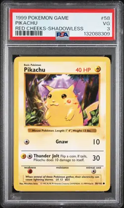1999 POKEMON BASE SET SHADOWLESS RED CHEEKS #58 PIKACHU PSA 3 - Image 1