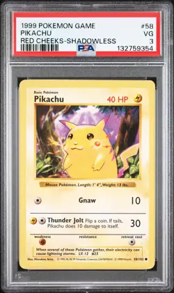 1999 POKEMON BASE SET SHADOWLESS RED CHEEKS #58 PIKACHU PSA 3 - Image 1