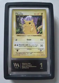 WAG Graded 1 Slab Pikachu 58/102 Base Set Shadowless Red Cheeks Pokemon Vintage - Image 1