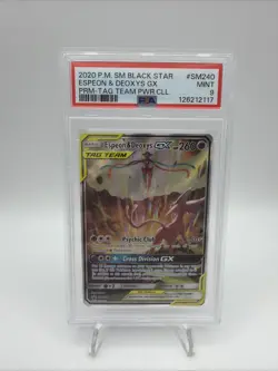 Pokemon GX SM240 Full Art Holo Espeon & Deoxys Card PSA 9 Mint - Image 1