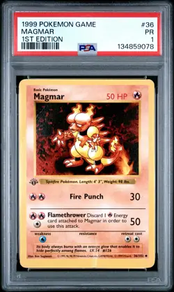 1999 POKEMON BASE SET 1ST EDITION #36 MAGMAR PSA 1 - Image 1