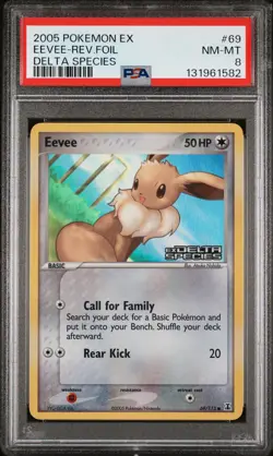 2005 POKEMON EX DELTA SPECIES #69 EEVEE-REVERSE FOIL PSA 8 - Image 1