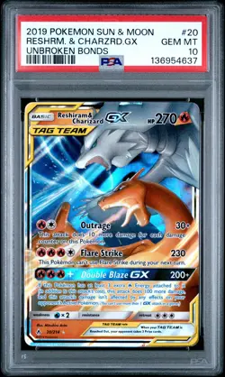 2019 POKEMON SUN & MOON UNBROKEN BONDS #20 RESHIRAM & CHARIZARD GX PSA 10 - Image 1