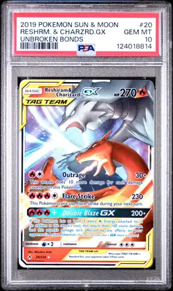 2019 POKEMON SUN & MOON UNBROKEN BONDS #20 RESHIRAM & CHARIZARD GX PSA 10 - Image 1