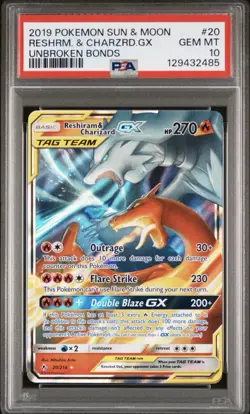 2019 POKEMON SUN & MOON UNBROKEN BONDS #20 RESHIRAM & CHARIZARD GX PSA 10 - Image 1