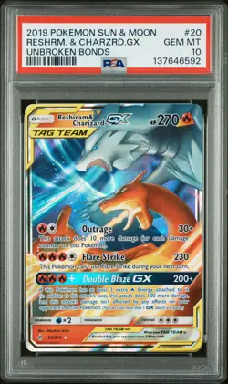2019 POKEMON SUN & MOON UNBROKEN BONDS #20 RESHIRAM & CHARIZARD GX PSA 10 - Image 1
