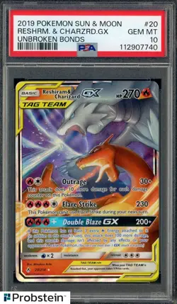 2019 Pokemon TCG Sun & Moon Unbroken Bonds #20 Reshiram & Charizard GX PSA 10 - Image 1