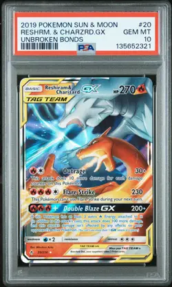 2019 POKEMON SUN & MOON UNBROKEN BONDS #20 RESHIRAM & CHARIZARD GX PSA 10 - Image 1