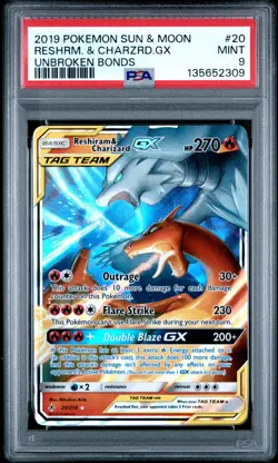 2019 POKEMON SUN & MOON UNBROKEN BONDS #20 RESHIRAM & CHARIZARD GX PSA 9 - Image 1